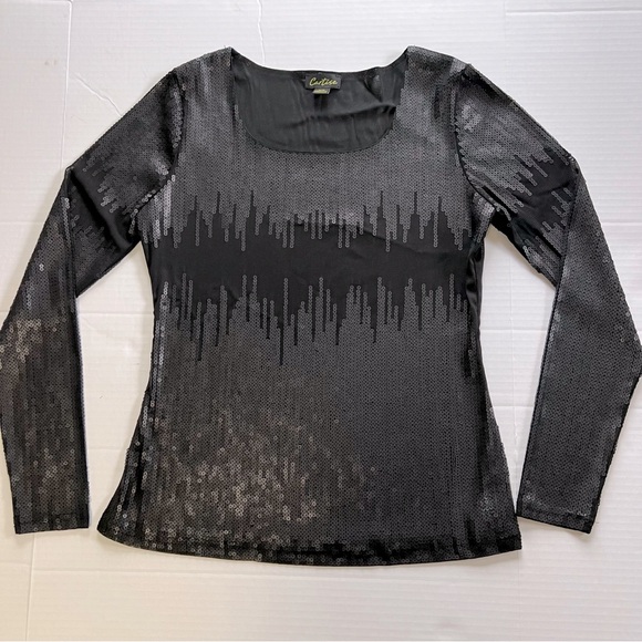 Vintage Y2K CARTISE Sequin Mesh Top Black Semi Sheer Medium Grunge Long Sleeve - Picture 1 of 7